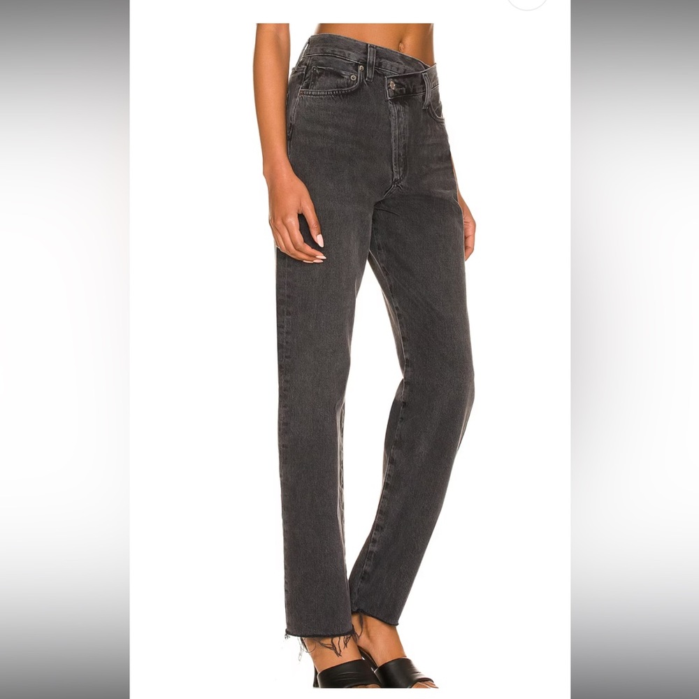 AGOLDE Like new criss cross straight mid rise jeans in color black shambles